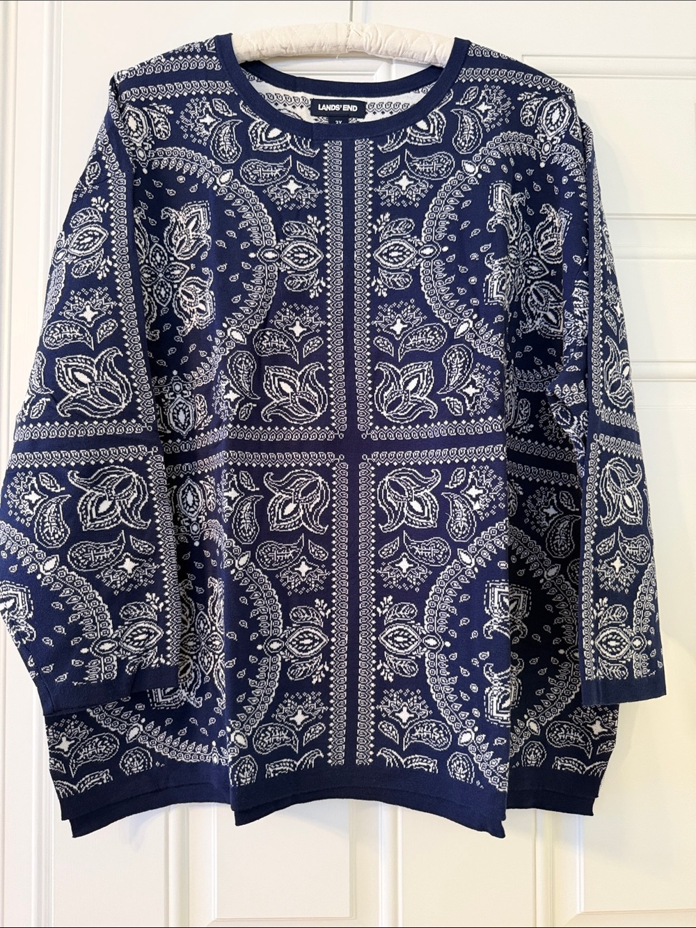 Lands' End Navy and White Paisley Crewneck Sweater